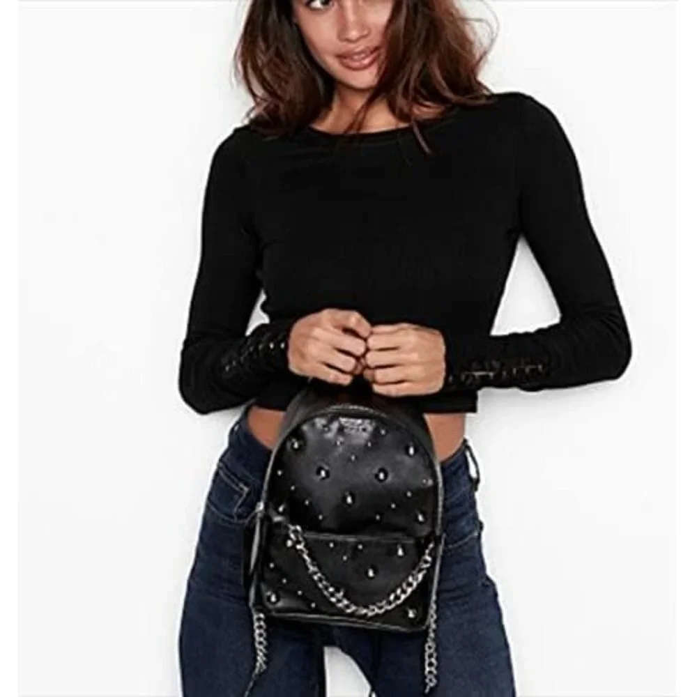 Victoria's Secret Small City Studded Backpack Silver Studs Decorative Chain S - Picture 5 of 15